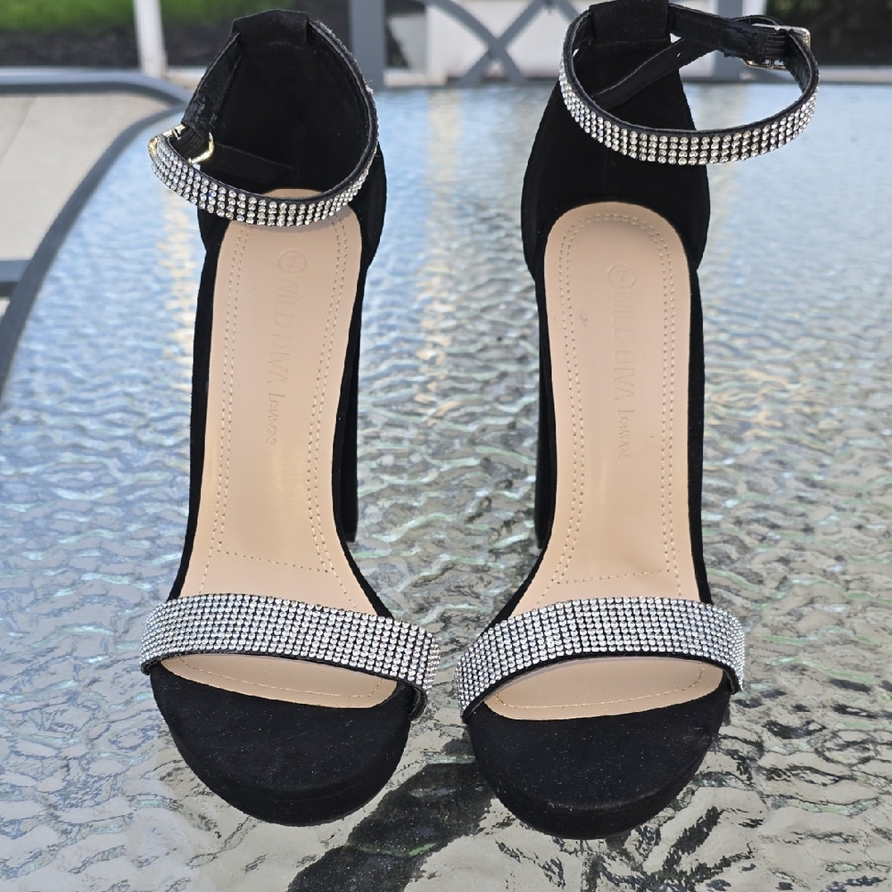 Wild Diva Black and Silver Heels with Rhinestone Straps